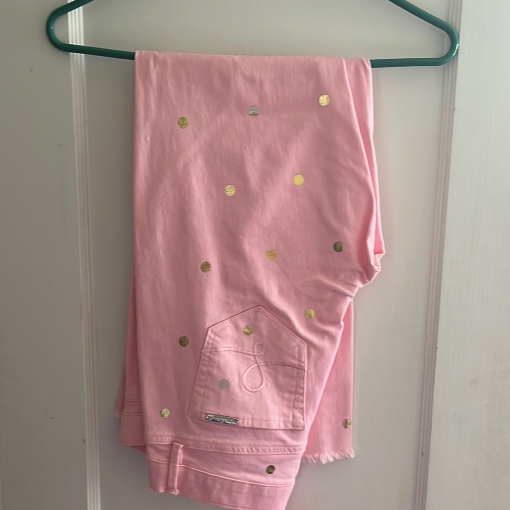 NWT Lilly Pulitzer Pink Jeans with Gold Polka Dots Size 8